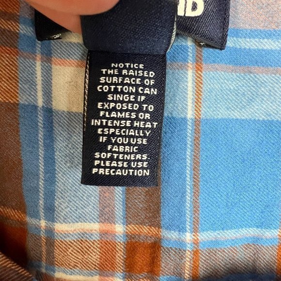 Lands End Flannel Shirt 14 Women Plaid Orange Blue Popover‎ Long Roll Tab Sleeve - Picture 9 of 11